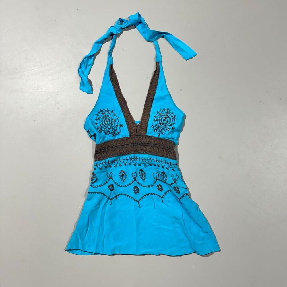Y2K Women's Medium Blue Halter Top with Brown Embroidery
